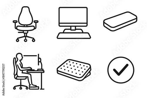 Ergonomic Workspace Icons. Healthy Desk Arrangement linear set: ergonomic chair, elevated monitor, arm support pad, foot platform, cable tidy, posture checkmark.