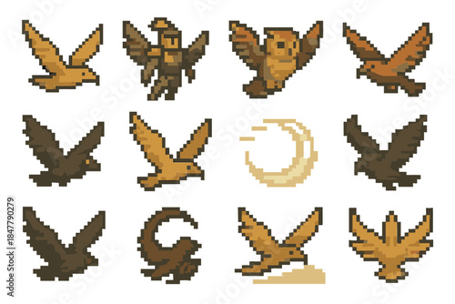 Airborne Creature Icons. Airborne Watch Creatures set of icons in flat pixel vector style: high-flight bird, sky ranger, dusk owl, cliff hawk, mountain raven, glide-wing sentinel,
