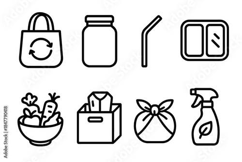 Zero-Waste Essentials Icons. Zero-waste practices linear set: reusable bag, glass jar, metal straw, meal prep box, food scrap bowl, donation box, fabric wrap, eco cleaning spray.