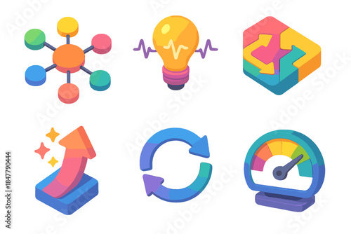 Colorful Concept Icons. Creative Thinking Set flat isometric set: mind map node, inspiration pulse icon, concept flow tile, imagination boost arrow, idea loop ring, originality