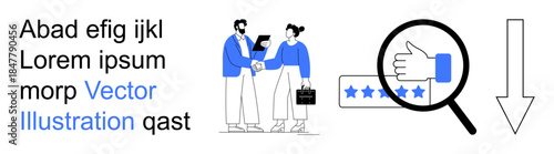 Business partnership, customer feedback, quality assurance, work collaboration, client reviews, rating evaluation. Two people shaking hands, magnifying glass highlighting a thumb-up with stars