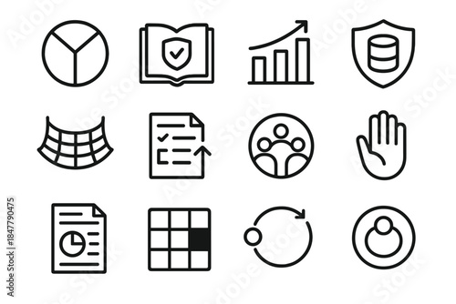 Tech Ethics Icons. Tech Responsibility Framework Icons linear set: value alignment circle, ethical guideline book, impact assessment chart, data stewardship badge, safety net icon,