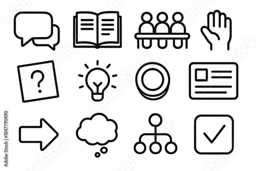 Interactive Classroom Icons. Interactive Classroom Elements linear set: dialogue icon, workbook page, group bench, teaching cue, question slip, idea beam, participation token,
