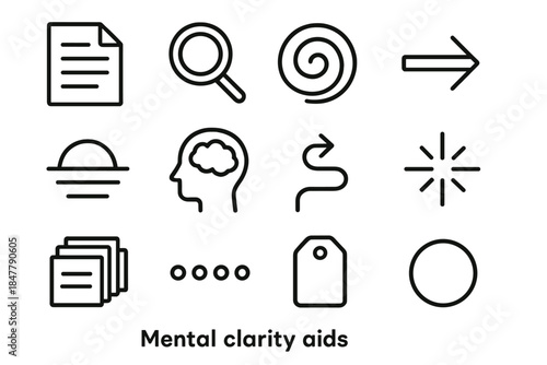 Mental Clarity Icons. Mental Clarity Aids linear set: clean page symbol, focused lens, grounded breath swirl, simplified arrow, calm horizon line, tidy thought box, clear path icon