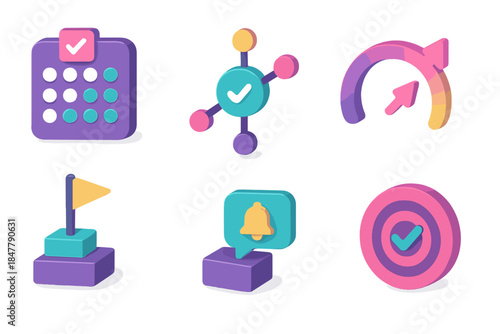 Colorful 3D Icon Set. Adaptive behavior platforms flat isometric set: habit tracker tile, nudge bar, action signal node, reinforcement arc, goal dash, progress stripe, change