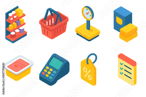 Retail Icon Set. Retail essentials elements isometric flat set: store aisle, basket icon, weighing scale, packaged goods, deli container, point-of-sale terminal, discount tag,
