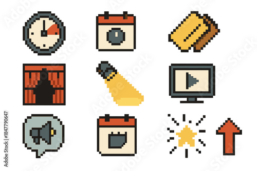 Event Icons Collection. Event Anticipation Icons pixel style set: countdown timer, calendar circle, queued tickets, open curtain, spotlight beam, preview icon, announcement bubble,
