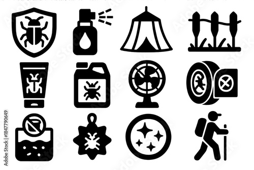 Insect Safety Icon Set. Outdoor Insect Safety Pack silhouette set: bug-free shield symbol, essential oils spray, portable net canopy, yard perimeter stakes, anti-bite cream,