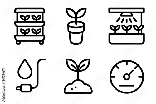 Indoor Gardening Icons. Compact Indoor Food Gardening linear set: tiered planter, soil pod, light panel, irrigation tube, leafy sprout icon, productivity gauge.
