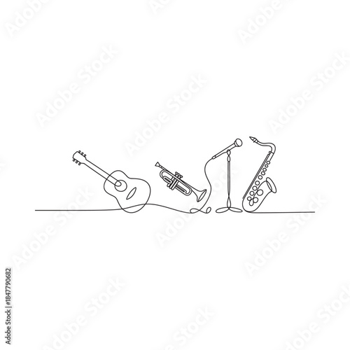Minimalist line art of musical instruments guitar trumpet saxophone and microphones