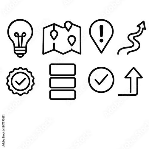 Innovative Strategic Icons. Strategic Story Framing linear set: core insight bulb, market landscape map, challenge marker, solution path, proof point badge, storyline blocks,