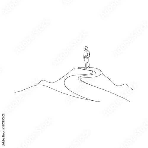 A lone figure with a backpack stands atop a winding hill in minimalist style