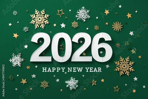 2026 Happy New Year Design with Snowflakes and Stars on Green Background