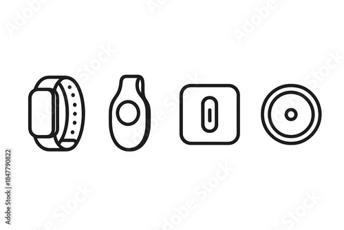 Wearable Tech Icons. Wearable Tech Accessories linear set: fitness band strap, sensor clip module, compact battery puck.