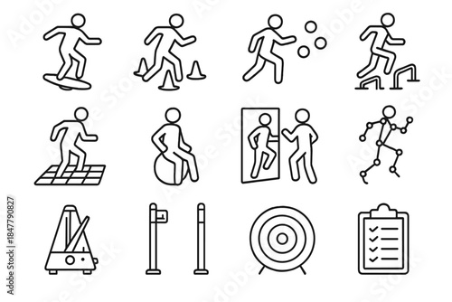 Athlete Training Essentials. Athlete Skill Training linear set: balance board, coordination cones, reaction light pod, agility hurdles, footwork grid, stability ball, technique