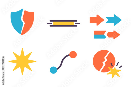 Colorful Opposition Icons. Opposition Forces flat set: split shield, force line, broken bar, push–pull arrows, sharp flare, tension curve, ruptured ring, impact spot.
