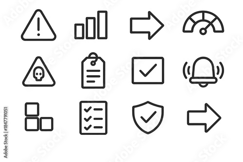 Safety Risk Icons. Safety Risk Symbols linear set: danger alert, risk spectrum bar, likelihood arrow, impact score gauge, hazard marker, safety protocol tag, mitigated zone icon,