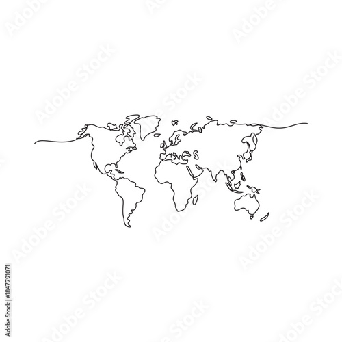 A minimalist line drawing depicts the continents of the world a global representation