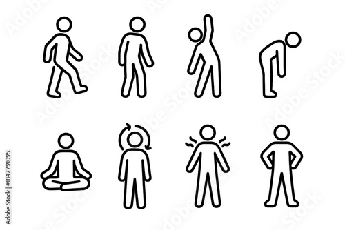 Mindful Movement Icons. Awareness-based movement icons linear set: intentional step, gentle sway, mindful reach, slow forward bend, calm posture, focused breath loop, shoulder