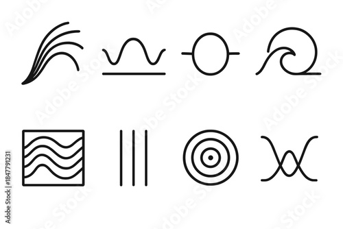 Magnetosphere Icon Patterns. Magnetospheric oscillation motifs linear set: curved field line, harmonic wave bar, resonance bubble, plasma crest icon, drift path tile, frequency