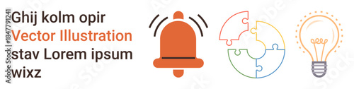 Communication, problem solving, innovation, alert systems, teamwork, creativity. A bell with sound lines, a puzzle forming a circle and a light bulb. Communication and problem solving concept