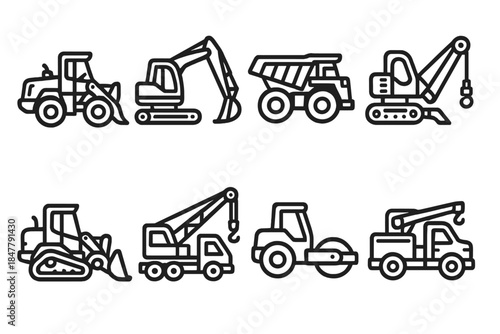 Heavy Machinery Icons. Construction & mining vehicle collection linear set: crusher loader, hydraulic shovel, off-highway truck, trenching machine, crawler dozer, mobile crane,