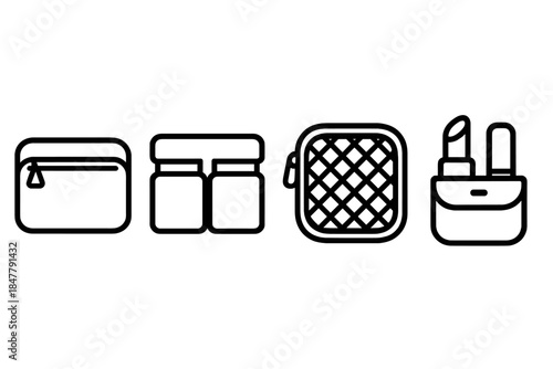 On-the-Go Beauty Icons. On-the-Go Beauty Holders linear set: slim cosmetic wallet, refillable jar carrier, detachable mesh case.