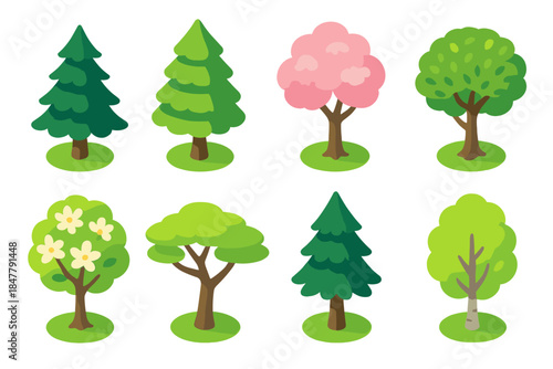 Vibrant Tree Icons. Varied tree species isometric flat set: spruce tree, cedar tree, cherry blossom tree, olive tree, magnolia tree, acacia tree, fir tree, aspen tree.