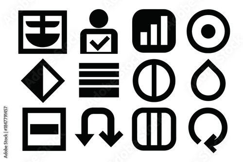 Bold Brutalist Icons. Moderate Practice Themes silhouette set: balance cue tile, mindful-check node, tempered pace bar, clarity ring dot, gentle choice patch, intention stripe,