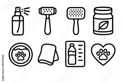 Holistic Pet Care Icons. Holistic pet care items linear set: aromatherapy mist, massage roller, grooming slicker, herbal supplement jar, hydration tracker, paw soak bowl, soft
