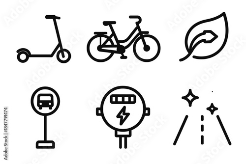 Green Transport Icons. Green mobility set linear set: scooter silhouette, shared bike, emission leaf, transit stop, energy meter, clean road.