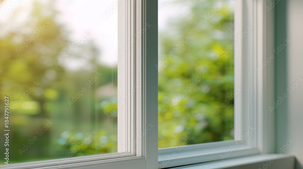 Fototapeta premium White window frame with blurred green nature view outside. Fresh air and comfortable home concept for real estate advertising.