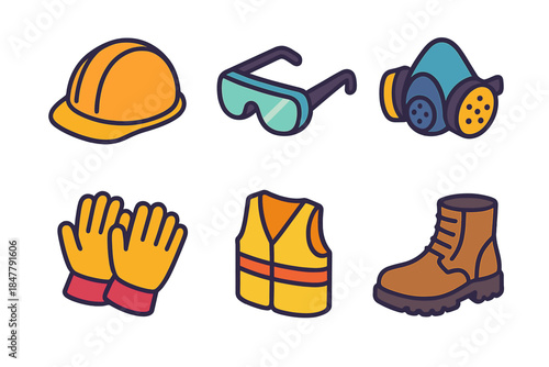 Safety Gear Icons. Safety Wear Essentials isometric flat set: helmet outline, eye shield, respirator, padded gloves, reflective vest, sturdy boots.