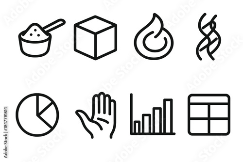 Macro Balance Icons. Macro Balance Set linear set: carb scoop, protein cube, healthy fat swirl, fiber strand, macro ratio chart, portion hand guide, nutrient bar graph, meal