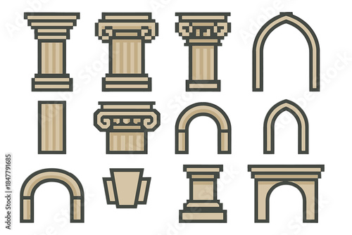 Classical Architecture Icons. Classical Column & Arch Forms set of icons in flat pixel vector style: doric column, ionic column, corinthian column, fluted shaft, column capital,