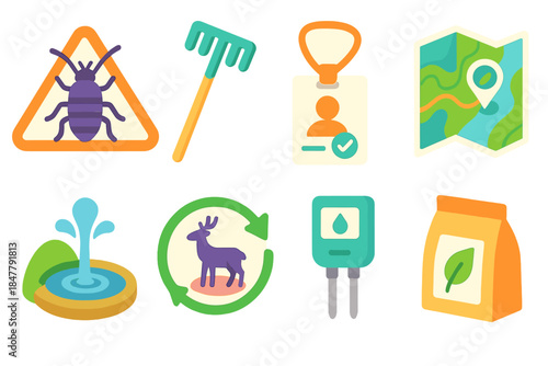 Conservation Icon Set. Conservation action elements isometric flat set: invasive species warning, restoration rake, volunteer badge, habitat map, freshwater spring, rewilding
