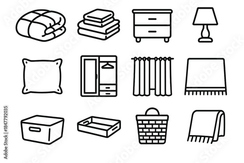 Cozy Bedroom Essentials. Cozy Bedroom Items linear set: comforter, sheet set, nightstand, table lamp, accent pillow, wardrobe unit, blackout curtains, floor rug, storage bin,