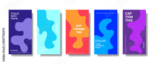 A set five modern Doodle abstract colorful poster  background design.Featuring vibrant primary and secondary colors and a playful, organic doodles.