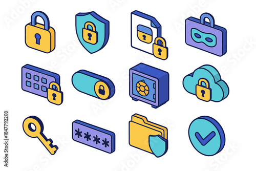 Data Security Icons. Personal Data Protection isometric flat set: lock icon, shield badge, encrypted file, masked ID, secure login pad, privacy toggle, data vault, secure cloud,