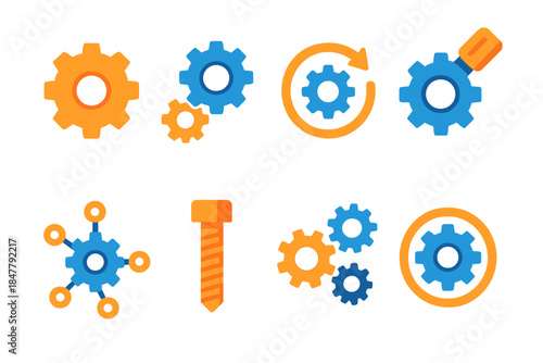 Minimalist Gear Icons. General Gear flat set: cogwheel, interlocking gears, rotation arrow, settings dial, mechanical node, tool bolt, gear cluster, motion ring.