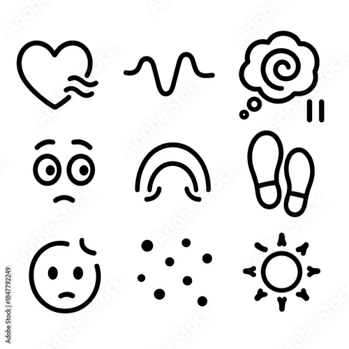 Symbols of Uncertainty. Emotional Uncertainty Symbols linear set: flutter heart, shaky breath line, swirling thought bubble, paused footstep, unsure gaze, soft tremor arc,
