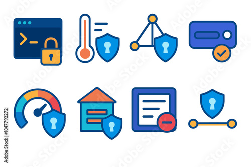 Secure Data Icons. Protected ICS Data Streams flat set: encrypted command line, hardened sensor feed, secure network mesh, authenticated device token, data-checksum gauge, secure