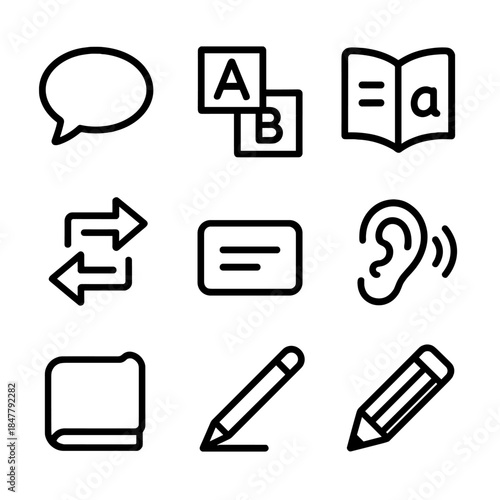 Language Symbols Icons. Language learning symbols set linear set: speech bubble, alphabet block, book page, pronunciation mark, translation arrows, word card, listening ear,
