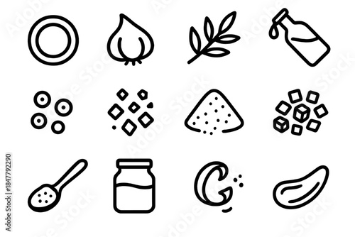 Cooking Essentials Icons. Basic Cooking Components linear set: onion ring, garlic segment, herb twig, oil drizzle bottle, peppercorns, salt flakes, flour dust, chopped veggie mix,