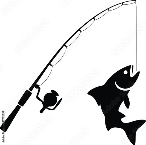 Minimalist black fishing rod with fish on line silhouette vector icon