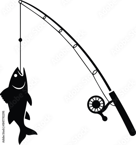 Minimalist black fishing rod with fish on line silhouette vector icon