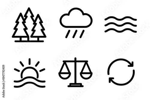 Planet Care Symbols. Planet Care Symbols linear set: forest silhouette, rain cloud, river wave, sun arc, balanced scale, renewal arrow.