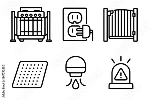 Home Safety Icons. Domestic Hazard Prevention linear set: stove guard, outlet cover, child safety gate, slip-resistant mat, water leak sensor, hazard alert beacon.