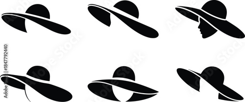 Set of Minimalist black wide brim sun hat silhouette vector icon