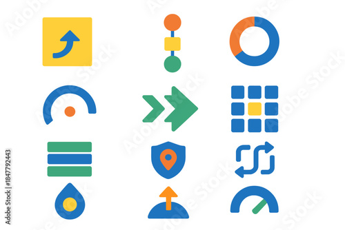 Business Continuity Icons. Business Continuity Models flat set: backup plan tile, failover node bar, contingency cue ring, resilience gauge dot, alternate-route arrow, stability